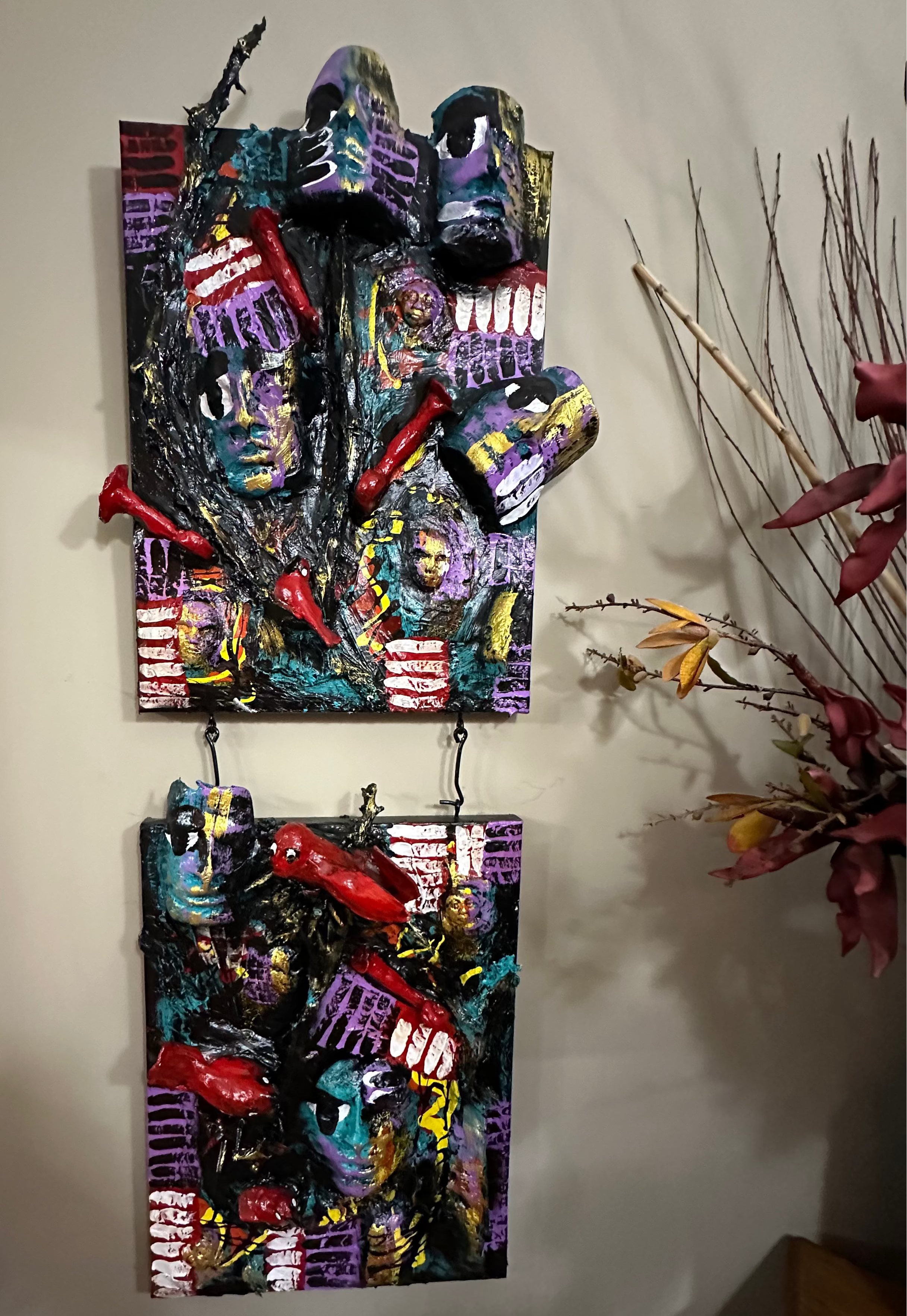 Four Trumpets Dance — Original Two-Panel Mixed-Media Sculptural Artwork