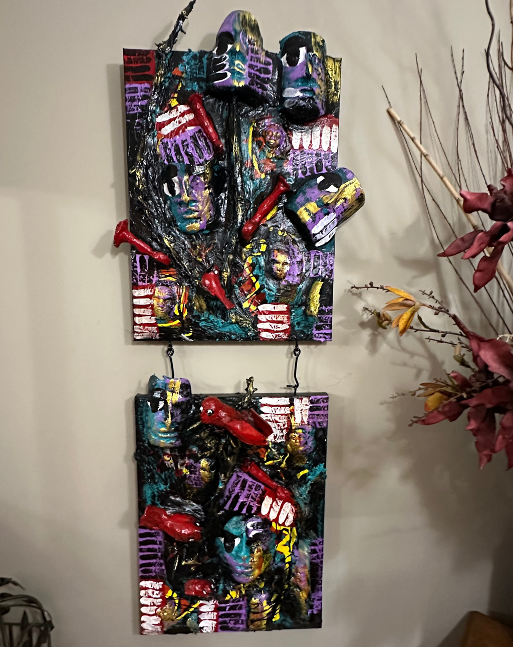 Four Trumpets Dance — Original Two-Panel Mixed-Media Sculptural Artwork