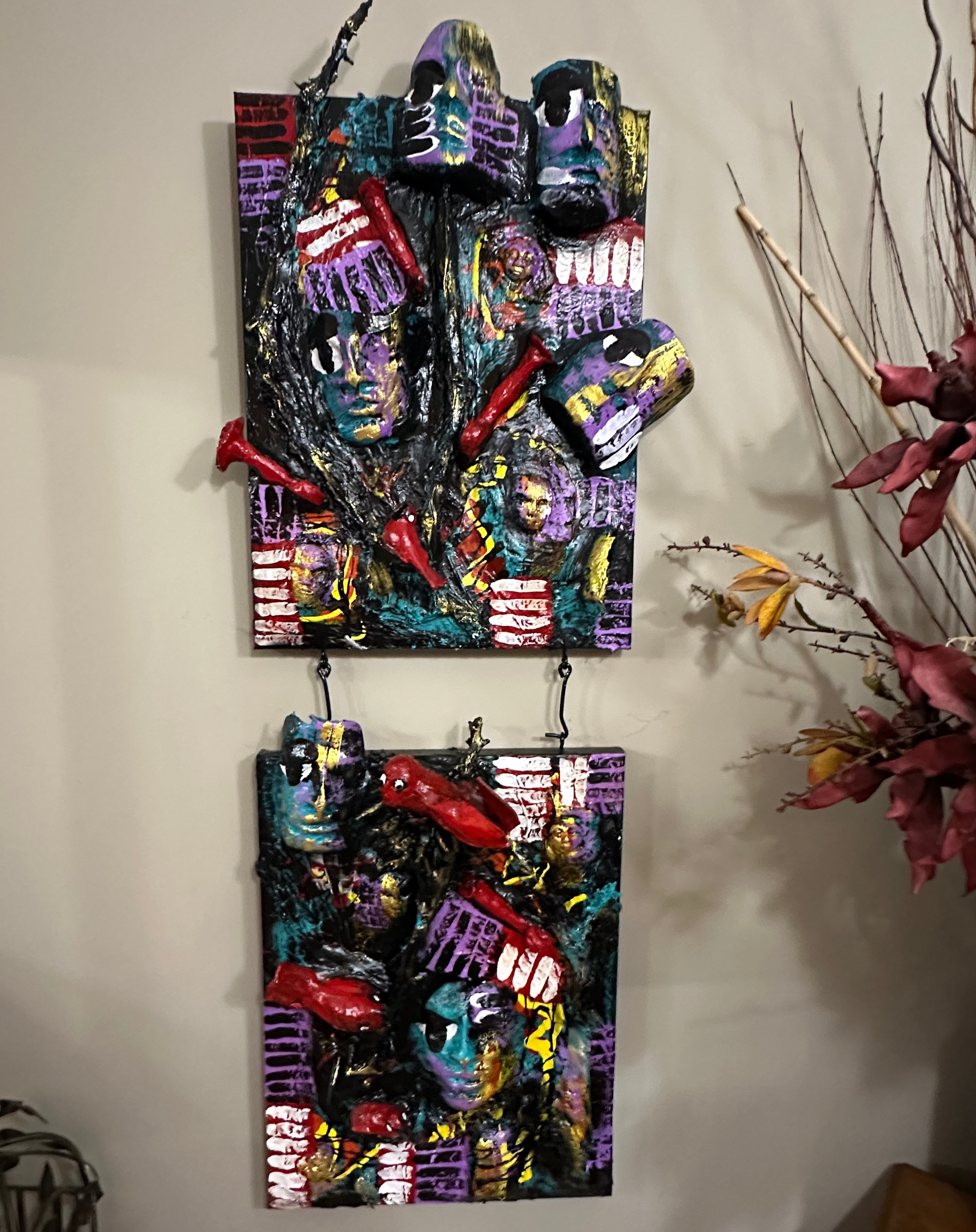 Four Trumpets Dance — Original Two-Panel Mixed-Media Sculptural Artwork