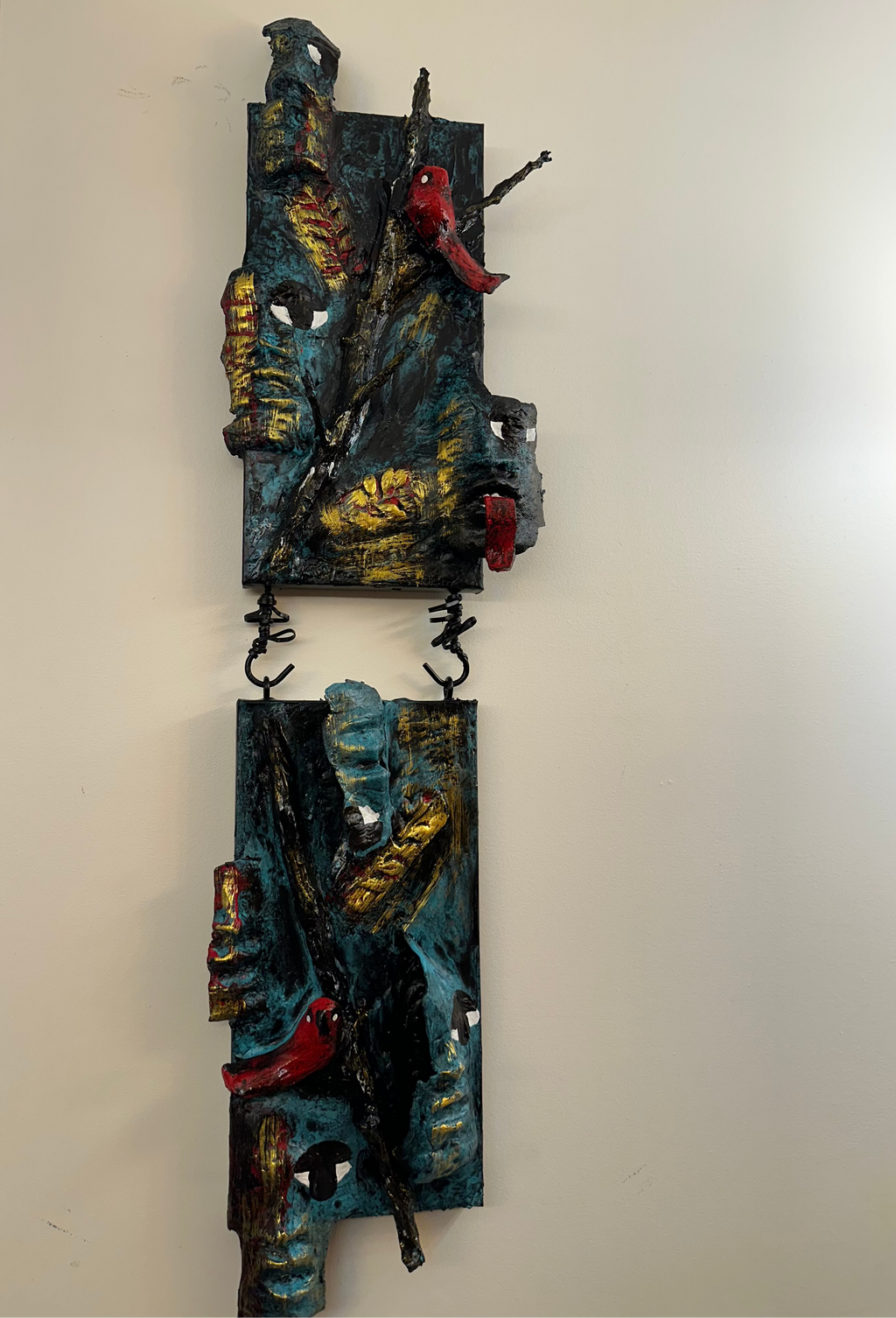 A Demon Among the Spirit Guides — Original Two-Panel Mixed-Media Sculptural Artwork