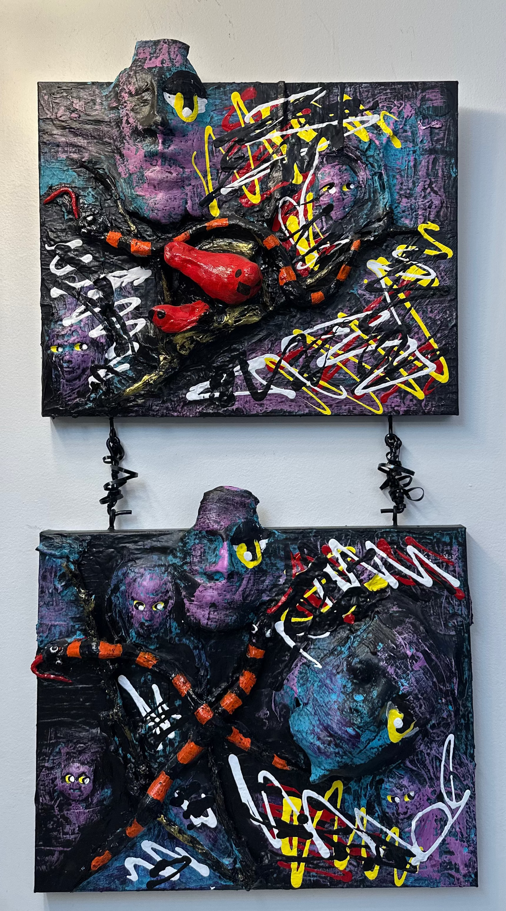Yellow Eyes — Original Two-Panel Mixed-Media Sculptural Artwork