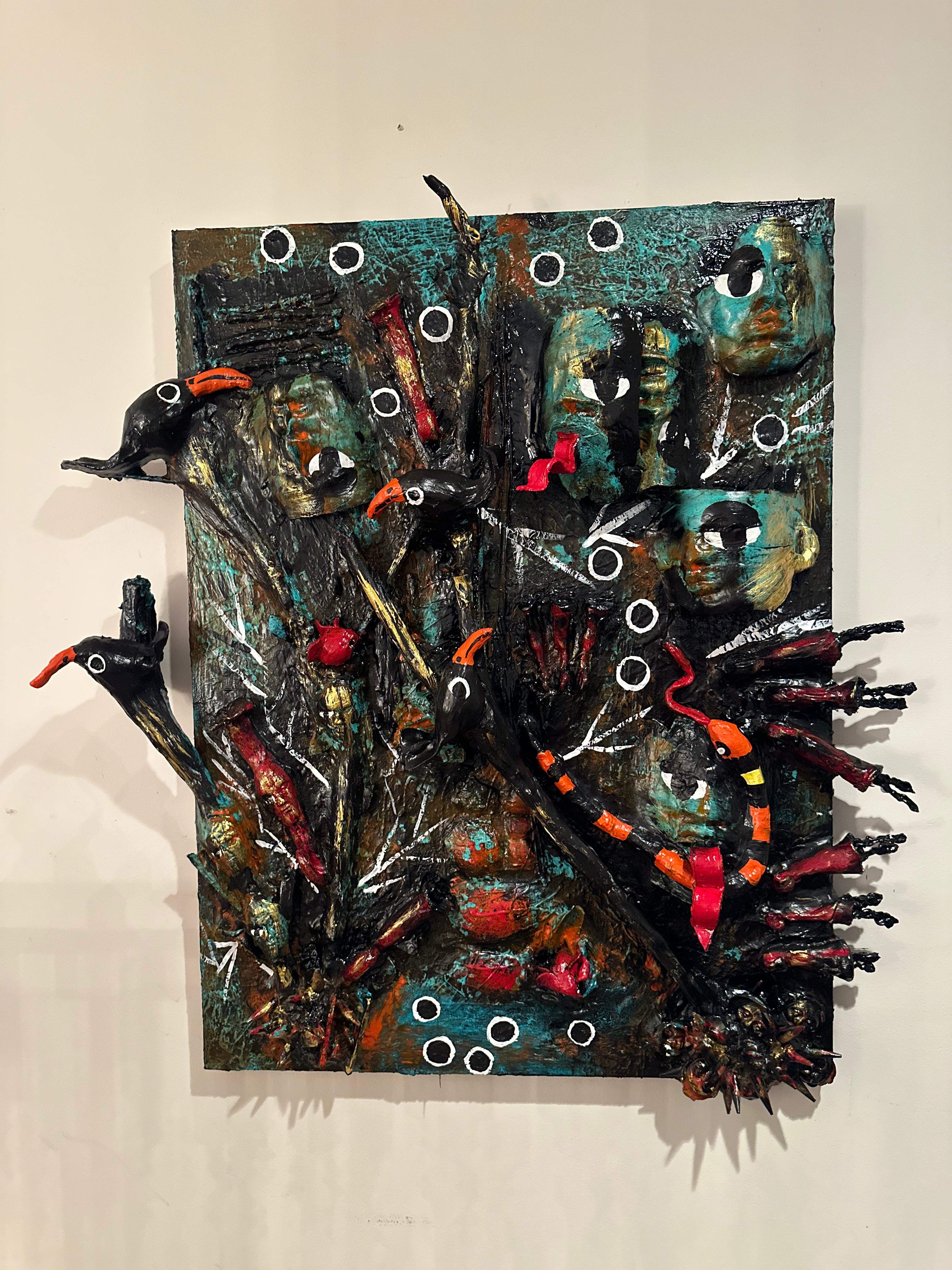 The Demon and Nine Trumpets — Original 3D Mixed-Media Sculpture Painting